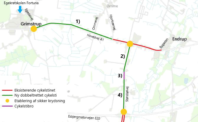 Kort over cykelstiens delstrækninger og faciliteter. Tallene henviser til beskrivelser i fold-ud menuen ovenfor. 